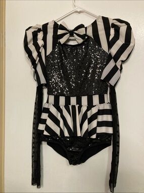 Costume dance Black & White Striped Sequin One-Piece with Bow